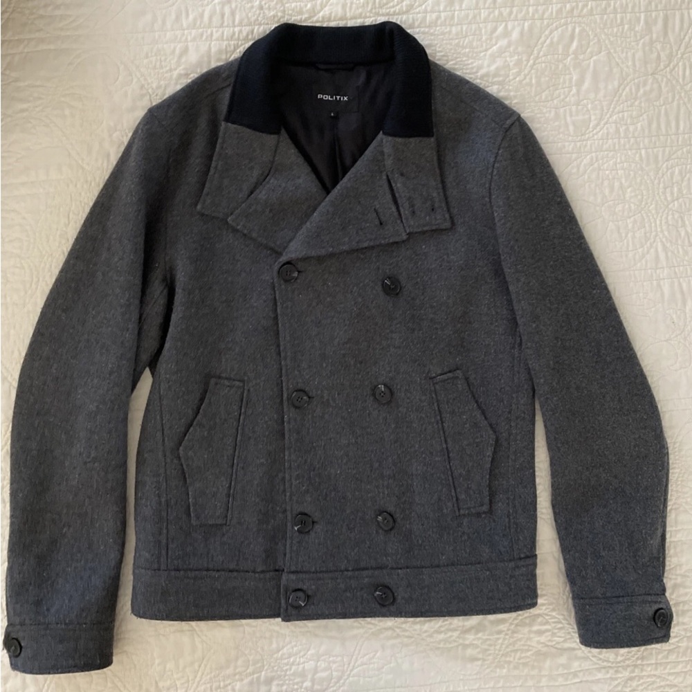 Politix Men’s Sz L Jacket Coat Dark Grey Double Breasted Wool Blend
